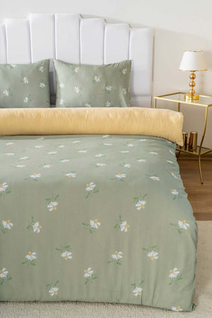 Green Daisy Double Duvet Cover Set - Cotton