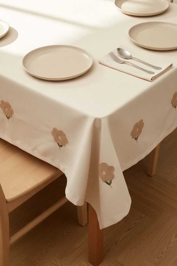 Florita Beige Punch Embroidered Stain-Resistant Tablecloth 160x220 cm