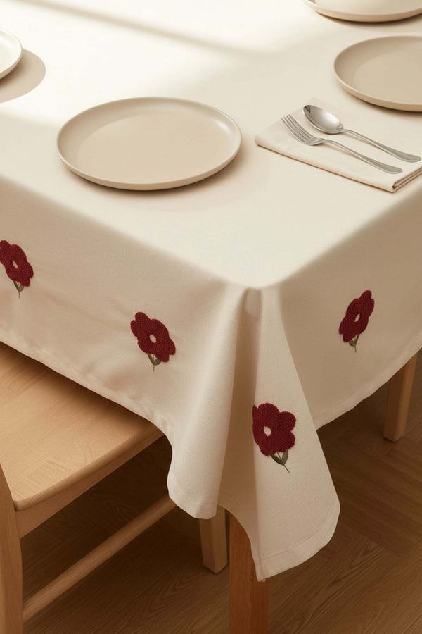 Florita Cherry Punch Embroidered Stain-Resistant Tablecloth 160x220 cm