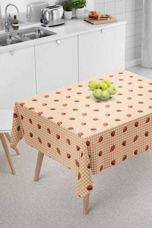 Orange Tablecloth with Checked Strawberry Pattern, Table Fabric, Picnic Cloth
