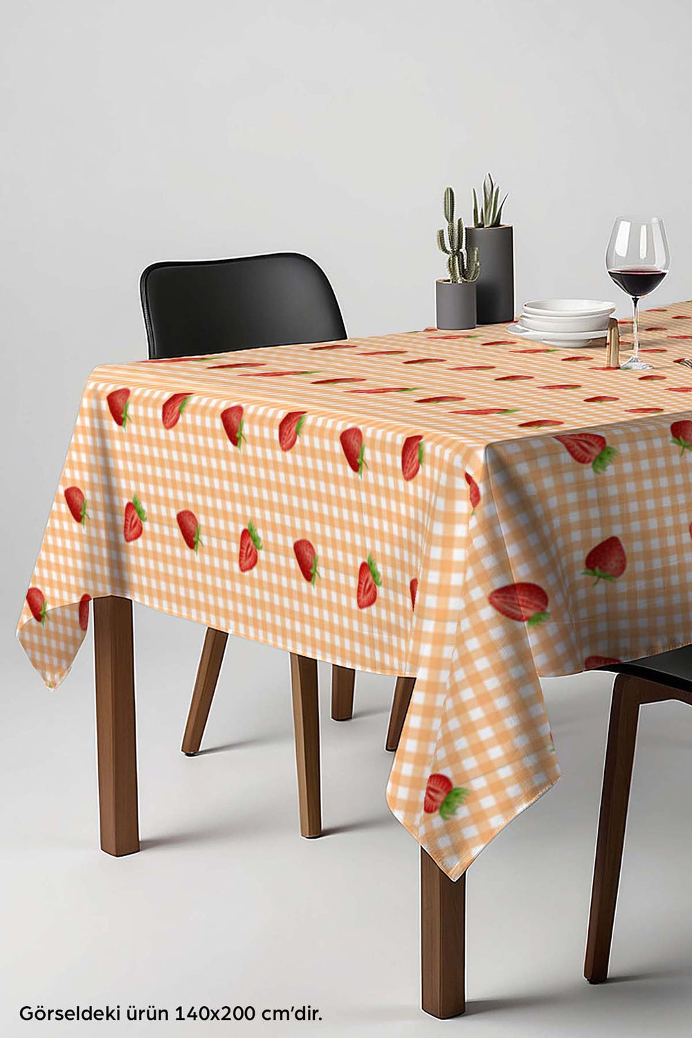 Orange Tablecloth with Checked Strawberry Pattern, Table Fabric, Picnic Cloth