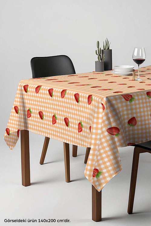 Orange Tablecloth with Checked Strawberry Pattern, Table Fabric, Picnic Cloth