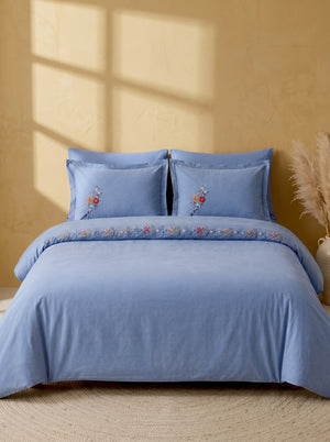 Velora Blue Floral Embroidered Cotton Double Duvet Cover Set – 6 Pieces