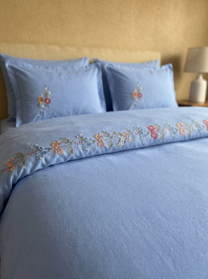 Velora Blue Floral Embroidered Cotton Double Duvet Cover Set – 6 Pieces