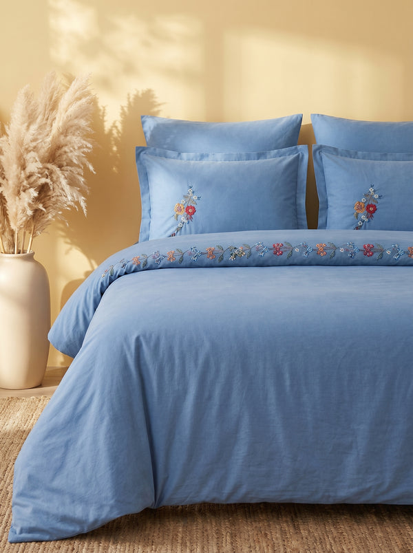 Velora Blue Floral Embroidered Cotton Double Duvet Cover Set – 6 Pieces