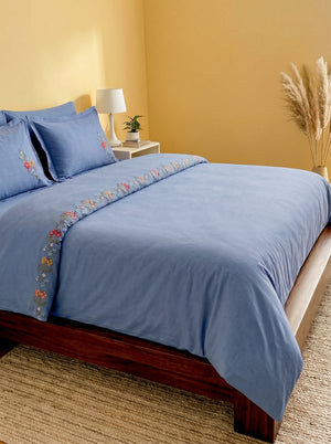 Velora Blue Floral Embroidered Cotton Double Duvet Cover Set – 6 Pieces