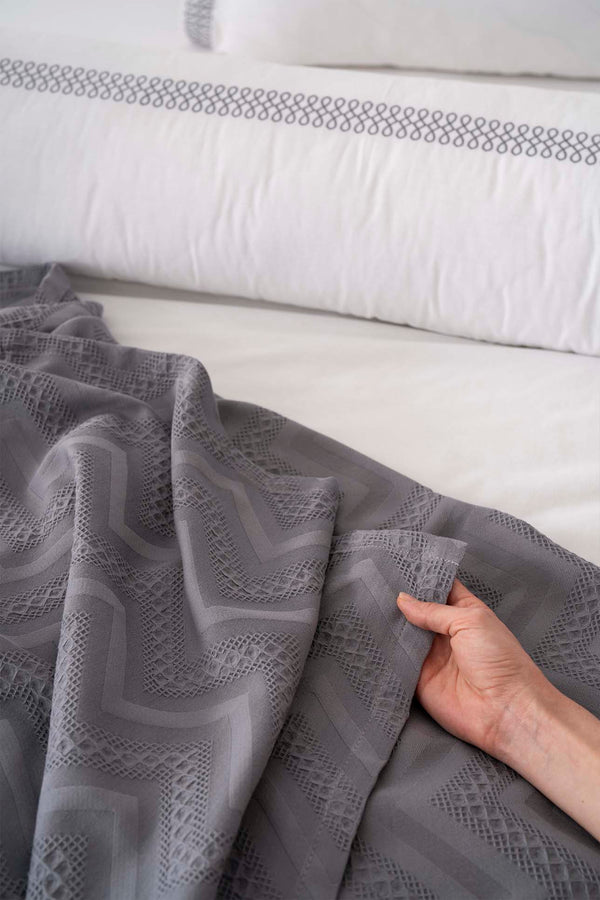 Noemi Gray Embroidered 7-Piece Bridal/Quilt Set – 100% Cotton Duvet Cover, Bedspread & Sheet Set, King Size