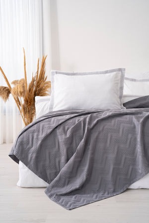 Noemi Gray Embroidered 7-Piece Bridal/Quilt Set – 100% Cotton Duvet Cover, Bedspread & Sheet Set, King Size