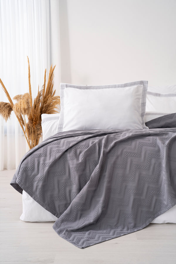 Noemi Gray Embroidered 7-Piece Bridal/Quilt Set – 100% Cotton Duvet Cover, Bedspread & Sheet Set, King Size