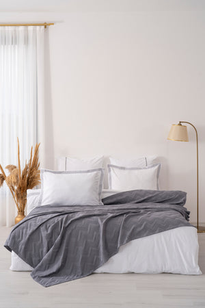 Noemi Gray Embroidered 7-Piece Bridal/Quilt Set – 100% Cotton Duvet Cover, Bedspread & Sheet Set, King Size