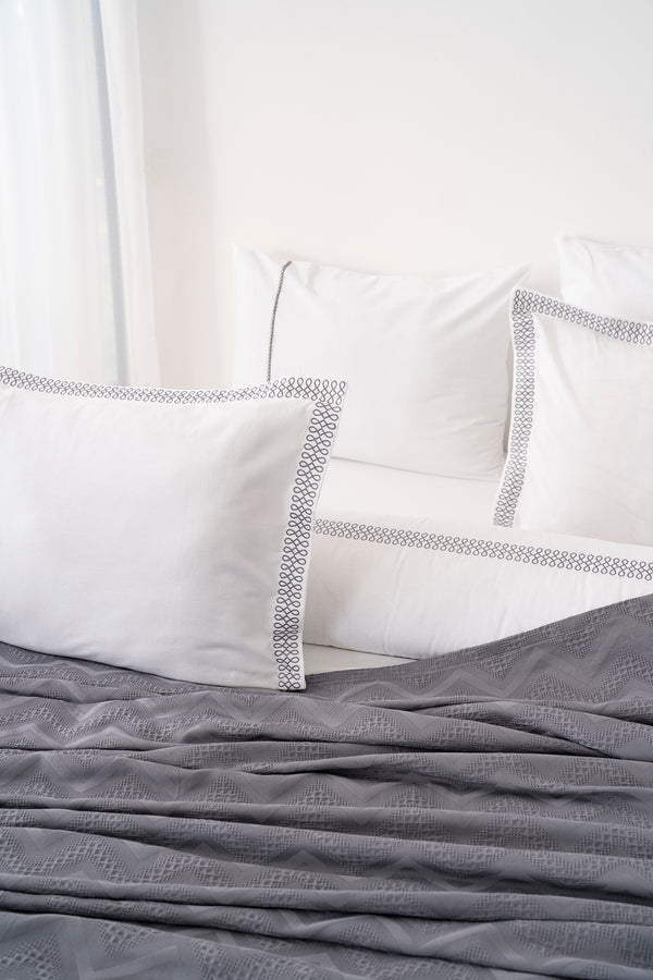 Noemi Gray Embroidered 7-Piece Bridal/Quilt Set – 100% Cotton Duvet Cover, Bedspread & Sheet Set, King Size