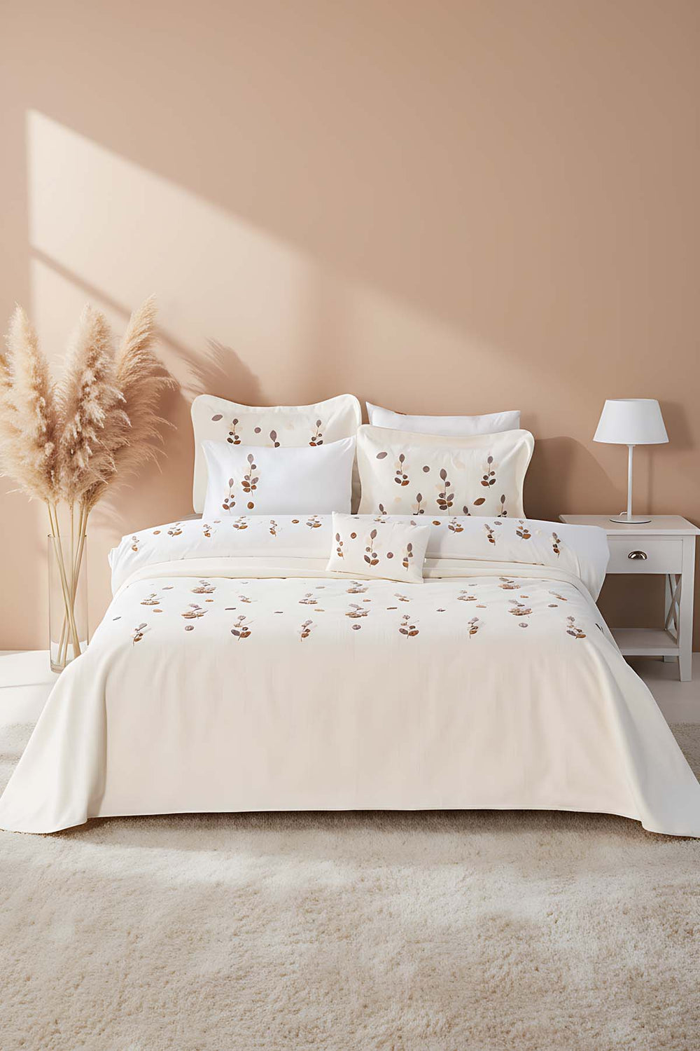 Nova Cream Punch Embroidered Double Duvet Cover and Bedspread Set - 8 Piece Bridal Set