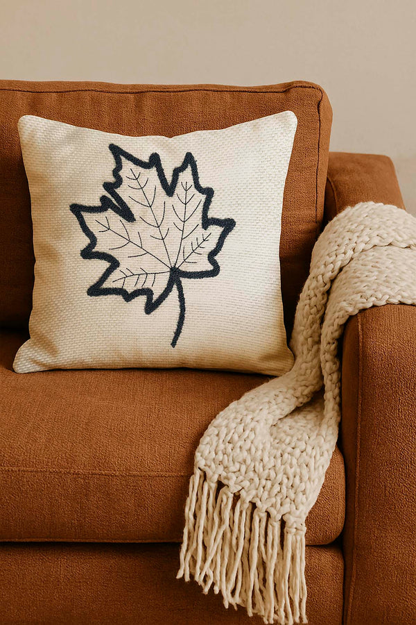 Black Leaf Pattern Woven Straw-Look Punch Cushion Cover