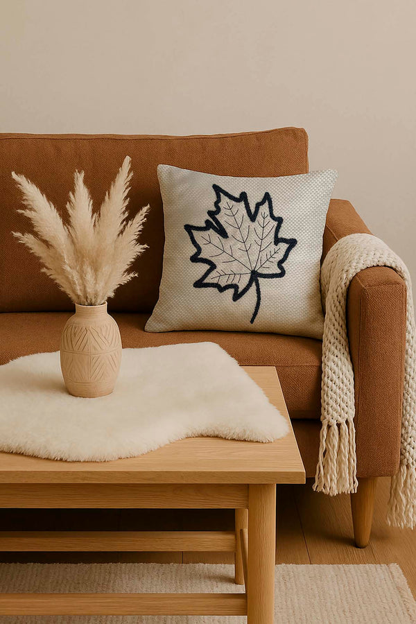 Black Leaf Pattern Woven Straw-Look Punch Cushion Cover