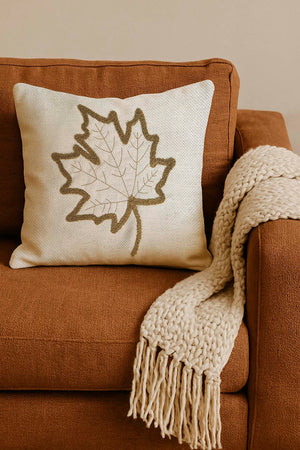 Brown Leaf Patterned Woven Straw-Look Punch Cushion Cover