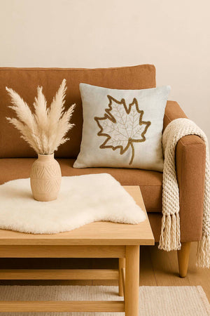 Brown Leaf Patterned Woven Straw-Look Punch Cushion Cover