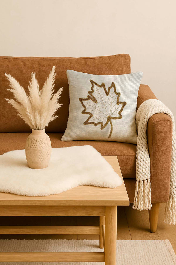 Brown Leaf Patterned Woven Straw-Look Punch Cushion Cover