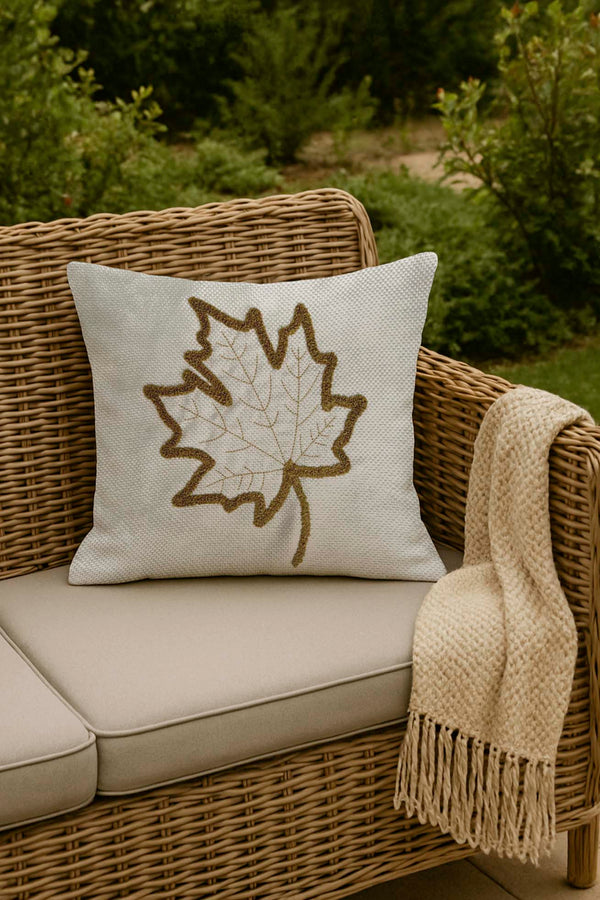 Brown Leaf Patterned Woven Straw-Look Punch Cushion Cover