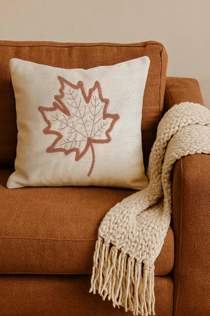 Terracotta Leaf Patterned Woven Straw-Look Punch Cushion Cover
