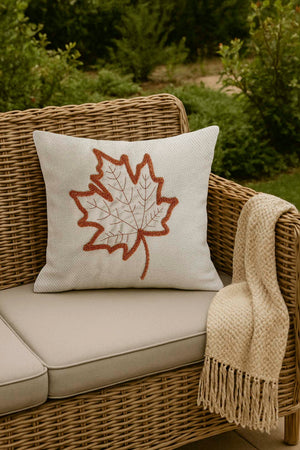 Terracotta Leaf Patterned Woven Straw-Look Punch Cushion Cover