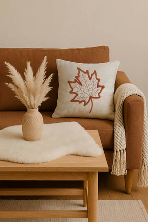 Terracotta Leaf Patterned Woven Straw-Look Punch Cushion Cover