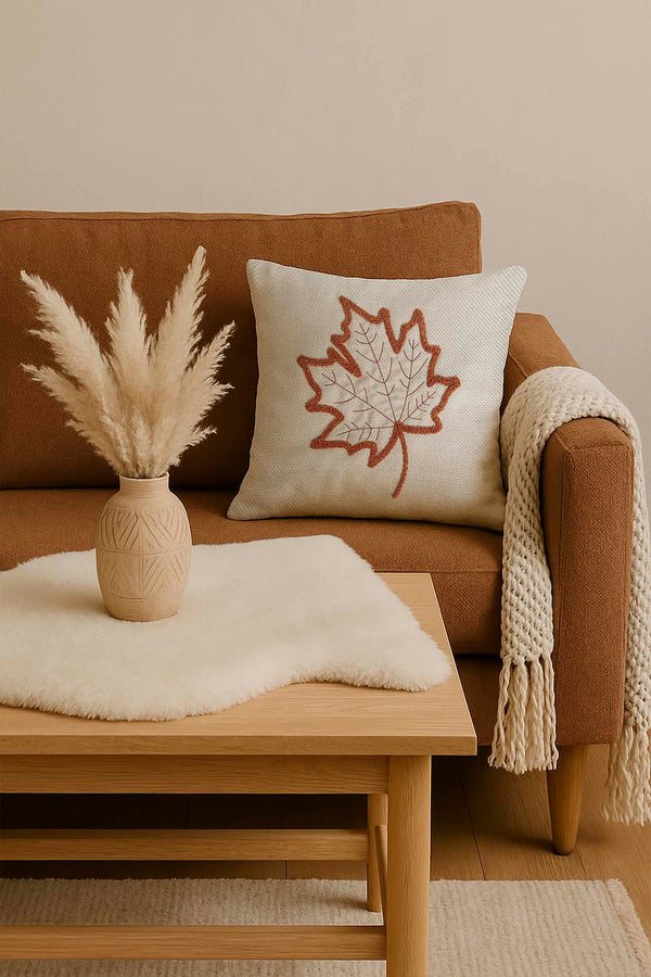 Terracotta Leaf Patterned Woven Straw-Look Punch Cushion Cover
