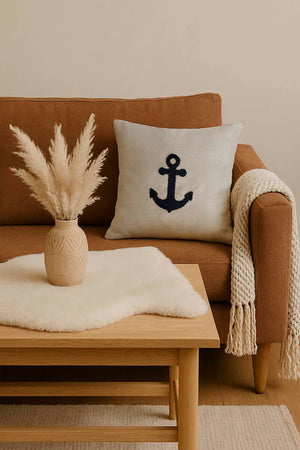 Navy Anchor Woven Straw-Look Punch Cushion Cover