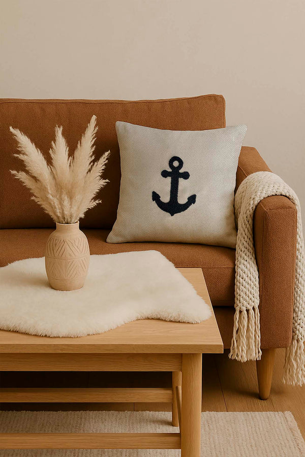 Navy Anchor Woven Straw-Look Punch Cushion Cover