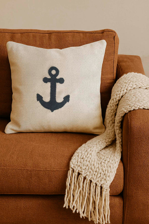 Navy Anchor Woven Straw-Look Punch Cushion Cover
