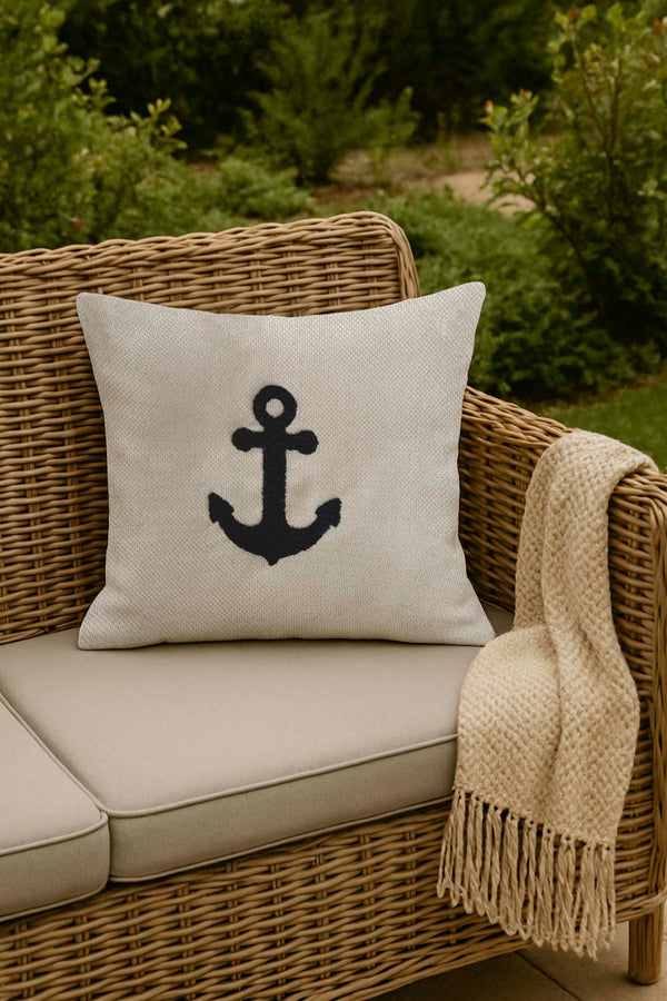 Navy Anchor Woven Straw-Look Punch Cushion Cover