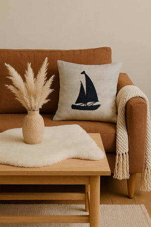 Navy Sailboat Woven Straw-Look Punch Cushion Cover