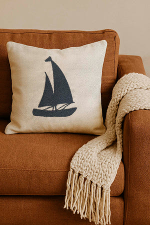 Navy Sailboat Woven Straw-Look Punch Cushion Cover