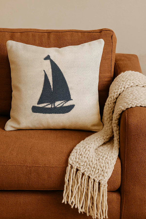 Navy Sailboat Woven Straw-Look Punch Cushion Cover