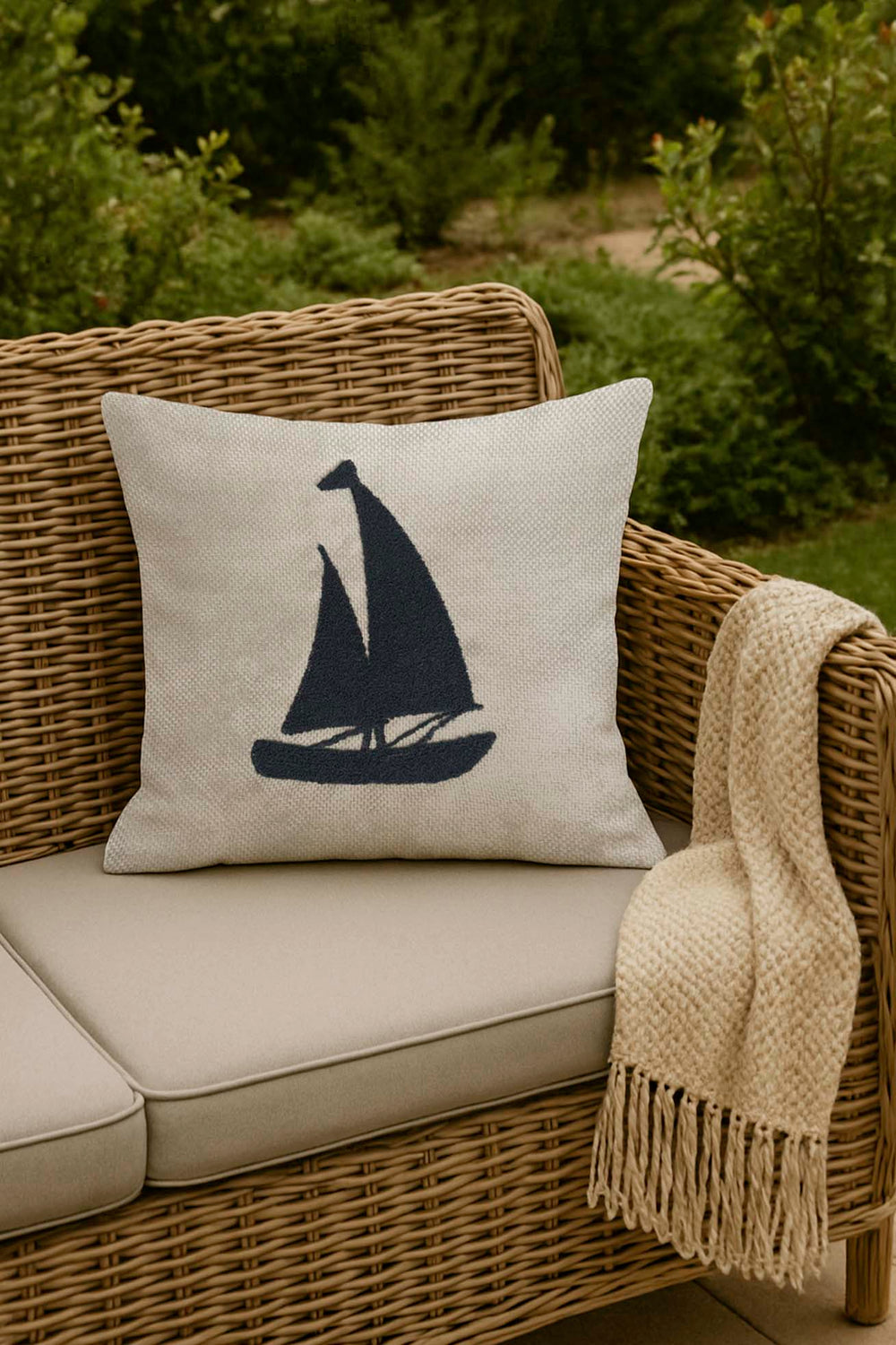 Navy Sailboat Woven Straw-Look Punch Cushion Cover