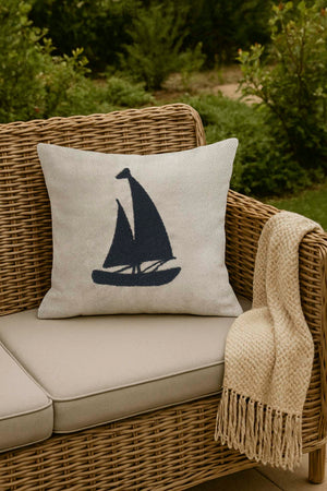 Navy Sailboat Woven Straw-Look Punch Cushion Cover