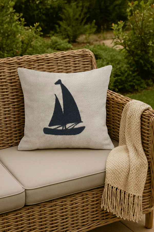 Navy Sailboat Woven Straw-Look Punch Cushion Cover