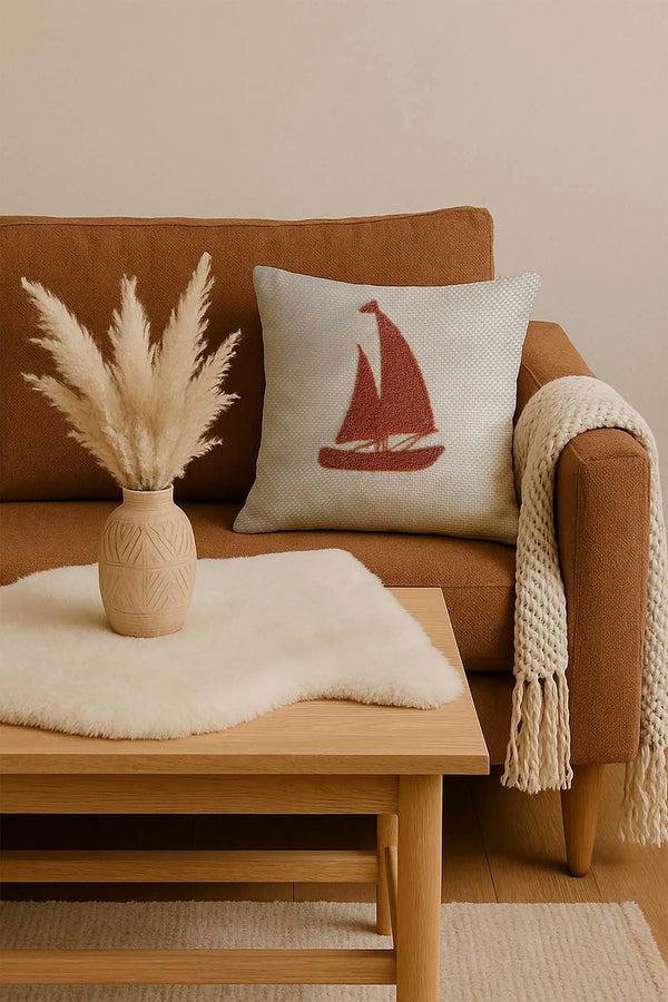 Terracotta Sailboat Woven Raffia-Look Punch Cushion Cover