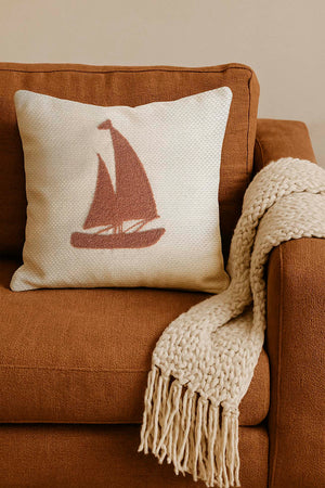 Terracotta Sailboat Woven Raffia-Look Punch Cushion Cover