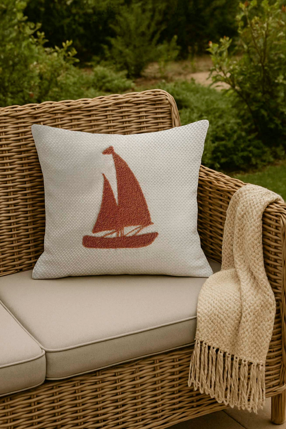 Terracotta Sailboat Woven Raffia-Look Punch Cushion Cover
