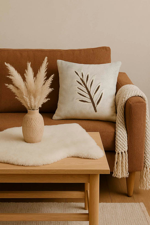 Brown Leaves Straw-Look Woven Punch Cushion Cover