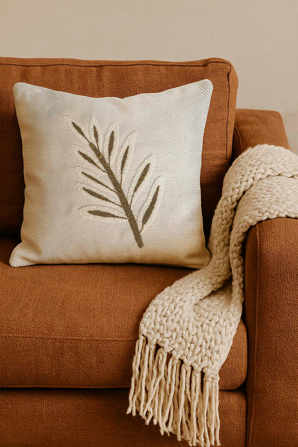 Brown Leaves Straw-Look Woven Punch Cushion Cover