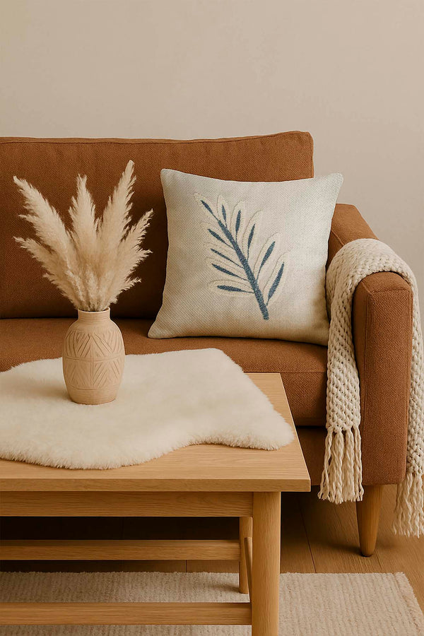 Blue Leaves Woven Punch Cushion Cover with Straw-Like Appearance