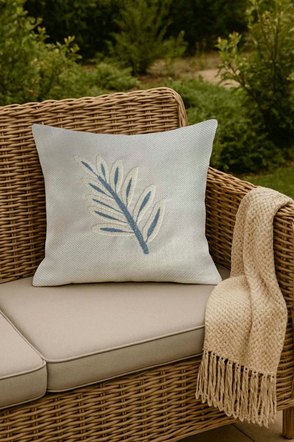 Blue Leaves Woven Punch Cushion Cover with Straw-Like Appearance