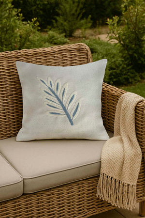 Blue Leaves Woven Punch Cushion Cover with Straw-Like Appearance