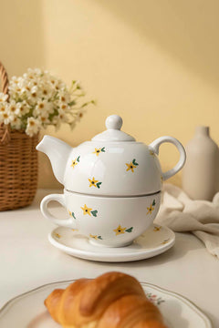 Yellow Daisy Amore 4-Piece Tea-for-One Set – Handmade Ceramic Teapot, Cup & Saucer Set, 600 ml