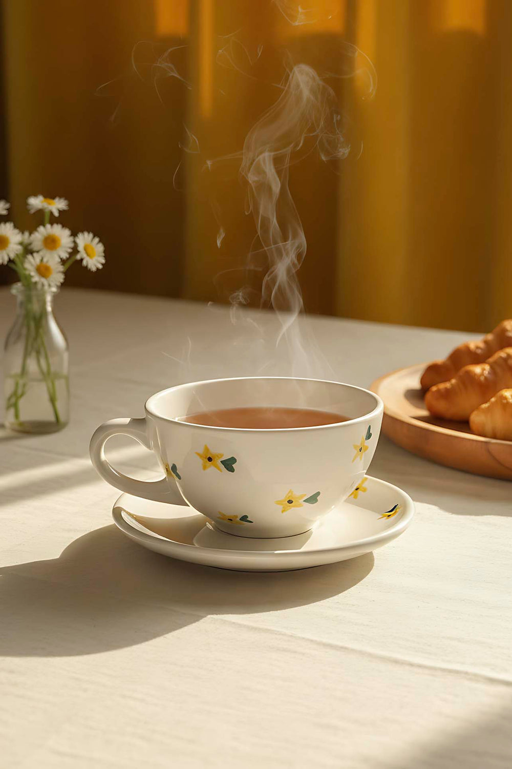 Yellow Daisy Amore 4-Piece Tea-for-One Set – Handmade Ceramic Teapot, Cup & Saucer Set, 600 ml