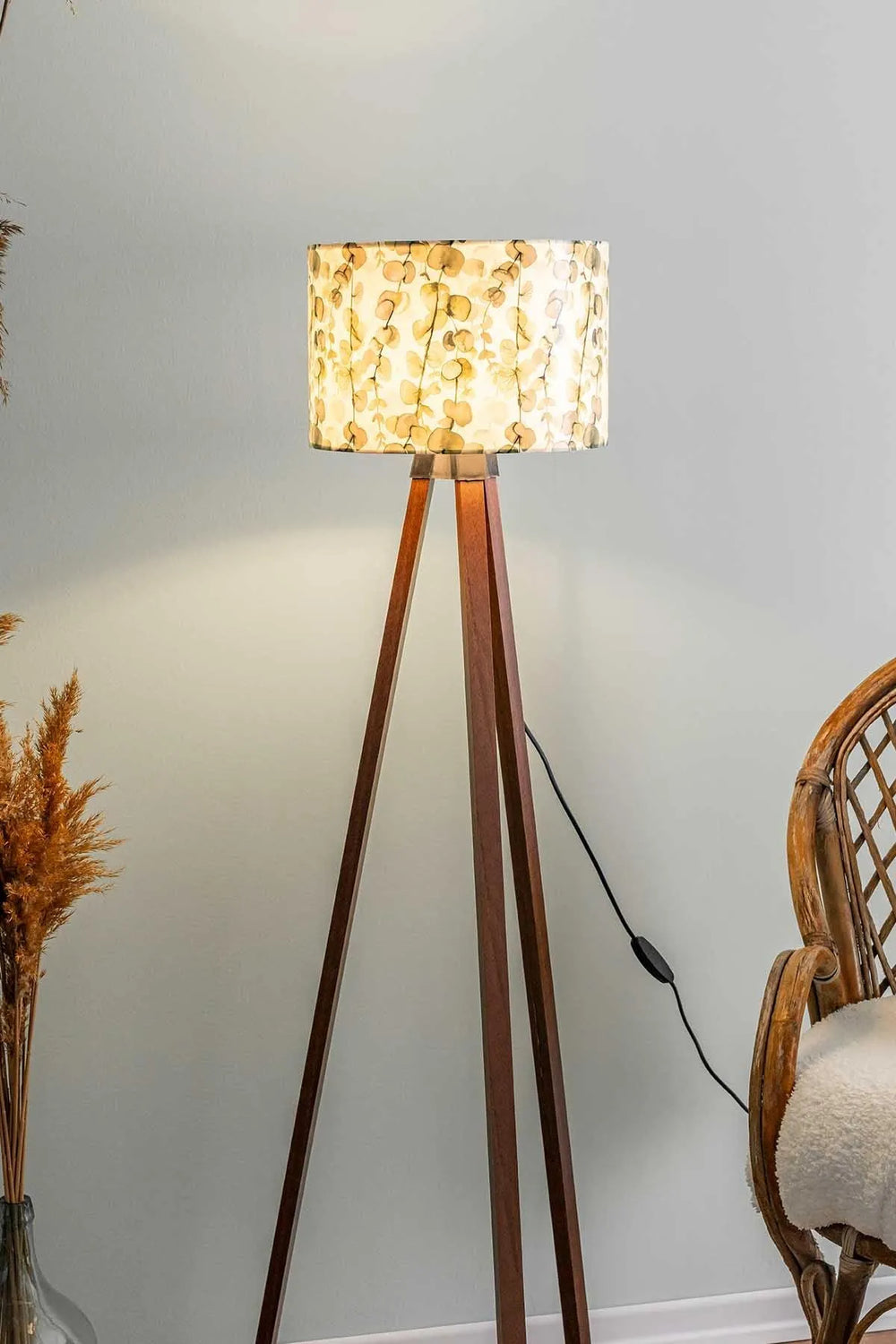 Eucalyptus Cylinder Shade Wooden Tripod Floor Lamp