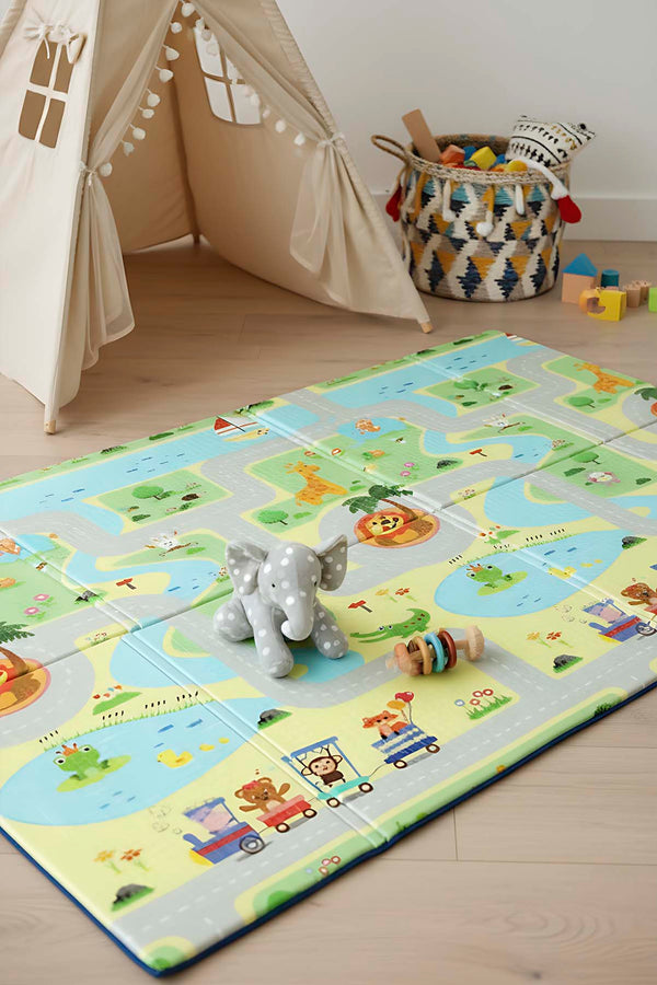 Green Track Children’s Play Rug: Foldable, Waterproof & Extra Large, 130x200 cm