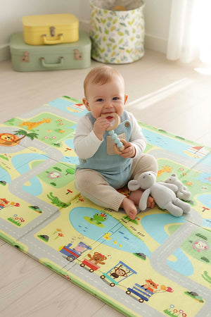 Green Track Children’s Play Rug: Foldable, Waterproof & Extra Large, 130x200 cm