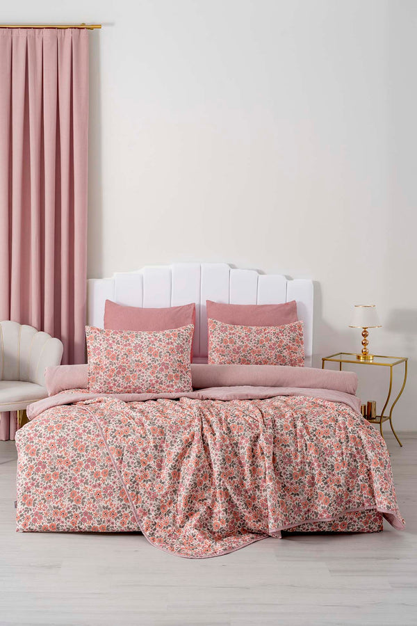 Pink Spring Double Bedding Set with Quilted Bedspread - 7 Piece Dowry Set